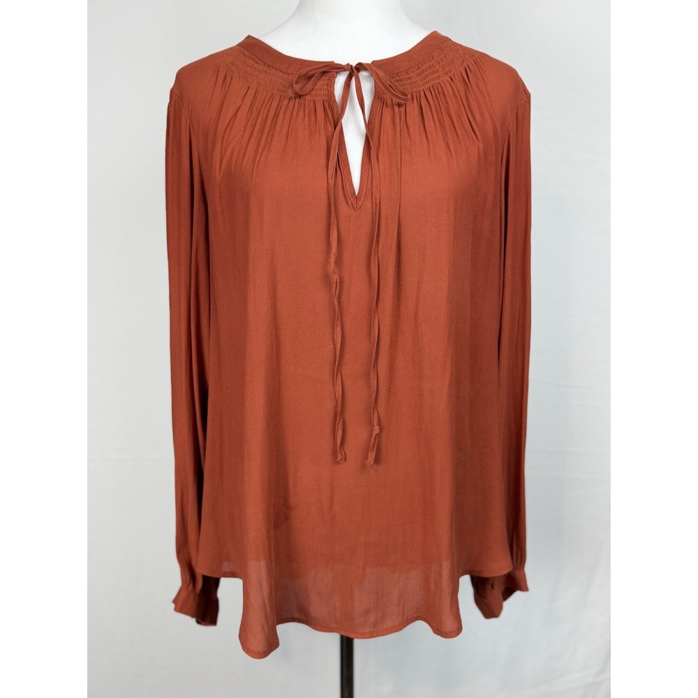 Torrid Women Blouse 1 Orange Smocked Tie Neck Long Sleeve Peasant Top 110263